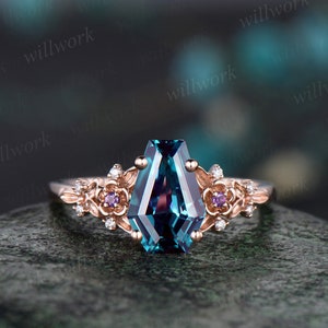 Vintage coffin cut alexandrite engagement ring rose gold twig leaf floral amethyst ring unique cluster diamond wedding ring set women gift