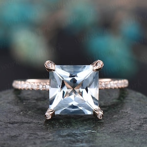 Princess cut aquamarine engagement ring 14k rose gold diamond halo basket ring natural aquamarine ring vintage March birthstone wedding ring