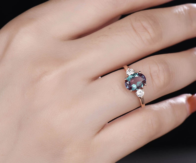 7x9mm oval shaped Alexandrite engagement ring unique vintage three stone moissanite engagement ring for women rose gold ring birthday gift