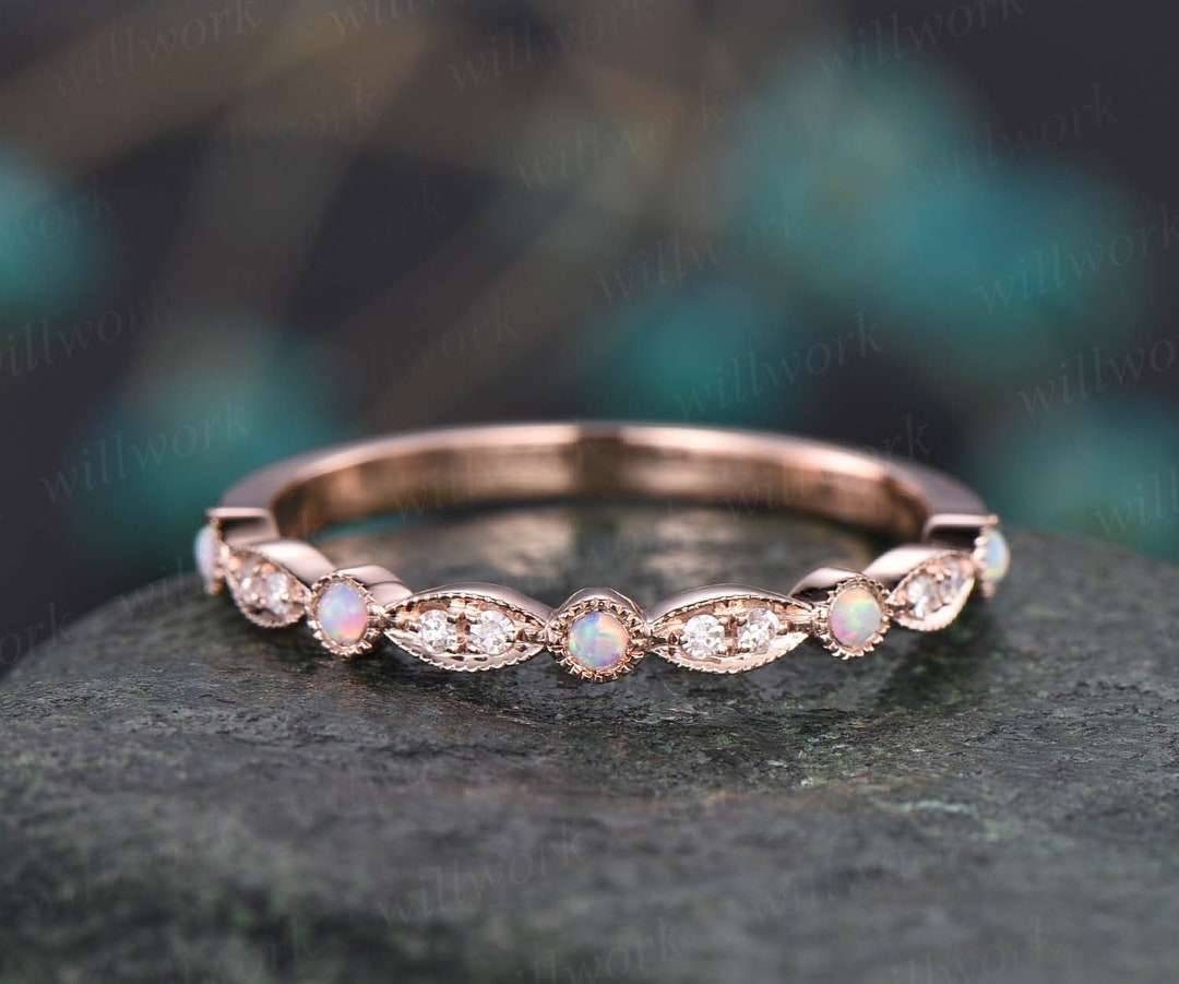 Vintage Opal Ring Opal Wedding Band 14k Rose Gold Art Deco Diamond ...