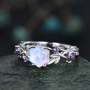 Twig opal ring vintage hexagon cut white opal engagement ring white gold leaf amethyst ring women October birthstone ring anniversary ring image 2