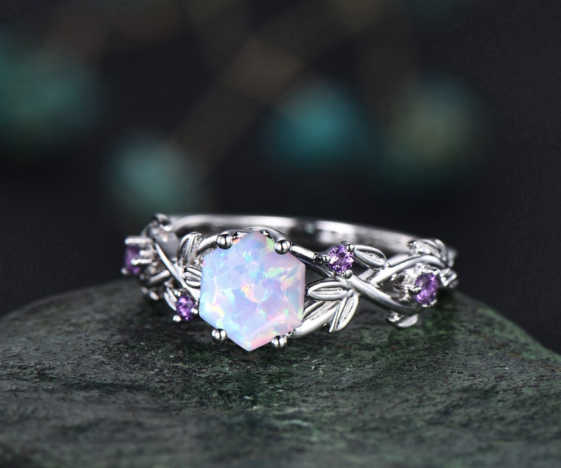 Twig opal ring vintage hexagon cut white opal engagement ring white gold leaf amethyst ring women October birthstone ring anniversary ring image 2