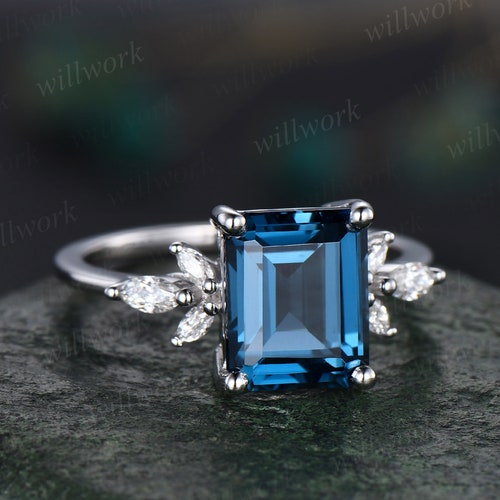 4ct Emerald cut London blue topaz engagement ring 14k white gold marquise cut diamond ring women shops unique anniversary wedding promise ring