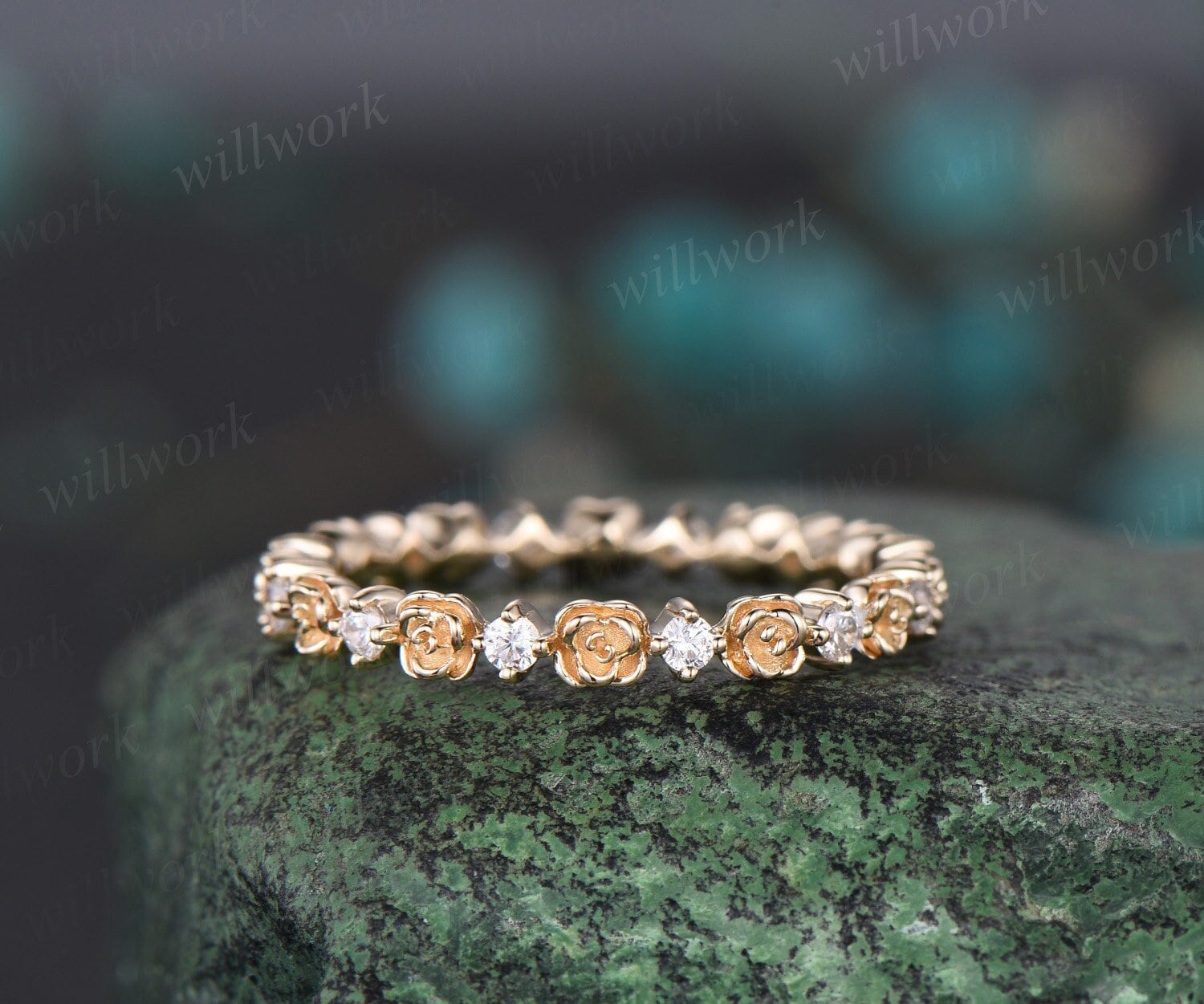 0.31 CT Diamond Gold Flower Eternity Ring | 14K Solid Gold Antique Engraved Floral Ring | Bridal Wedding Promise Ring - View #13