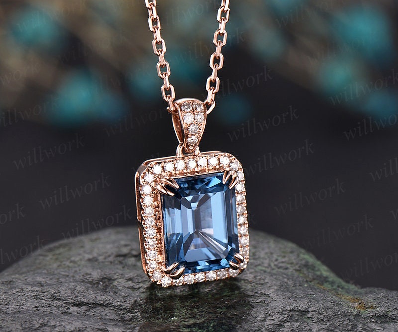 London blue Topas blau Topas Halskette 14k rose gold Anhänger Dezember  Geburtsstein zierliche einzigartige echten Diamanten Halo Halskette