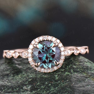 Art deco diamond halo ring color change alexandrite engagement ring rose gold marquise June birthstone ring wedding bridal anniversary ring