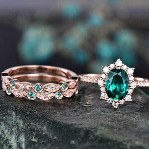 3pc Halo Cluster Emerald Engagement Ring Rose Gold Moissanite Halo Ring ...