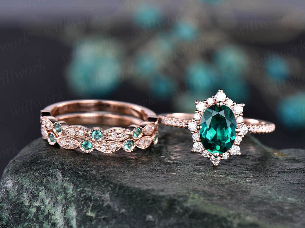3pc Halo Cluster Emerald Engagement Ring Rose Gold Moissanite - Etsy