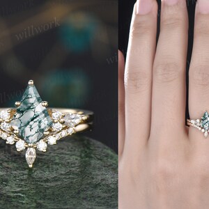 Vintage kite cut green moss agate engagement ring set 14k rose gold marquise cut moissanite ring for women unique bridal wedding ring set image 7