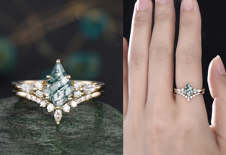 Vintage kite cut green moss agate engagement ring set 14k rose gold marquise cut moissanite ring for women unique bridal wedding ring set image 7