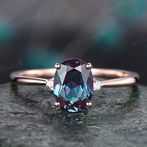 Oval cut Alexandrite engagement ring rose gold three stone engagement ring real diamond ring Alexandrite ring gold vintage gift for her