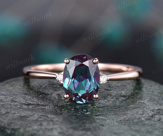 Oval Cut Alexandrite Engagement Ring Rose Gold Three Stone - Etsy