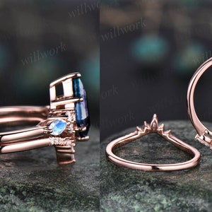 Vintage Alexandrite engagement ring set kite cut ring rose gold art deco marquise cut moonstone ring moissanite wedding ring set for women image 10
