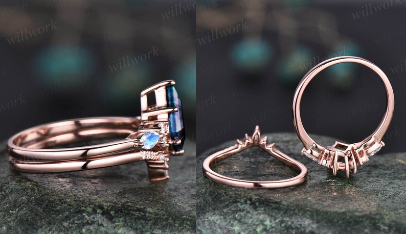 Vintage Alexandrite engagement ring set kite cut ring rose gold art deco marquise cut moonstone ring moissanite wedding ring set for women image 10