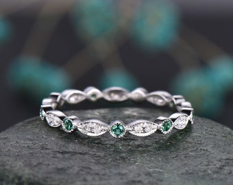 Natural emerald ring Full eternity diamond wedding band art deco ring solid 14k white gold bridal anniversary ring gift