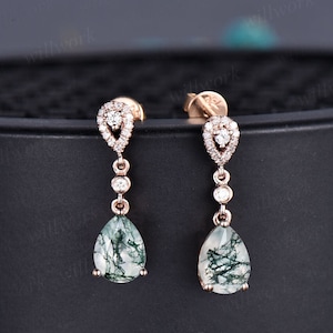 Vintage pear shaped green moss agate earrings solid 14k rose gold halo diamond drop earrings women dainty anniversary gift for her
