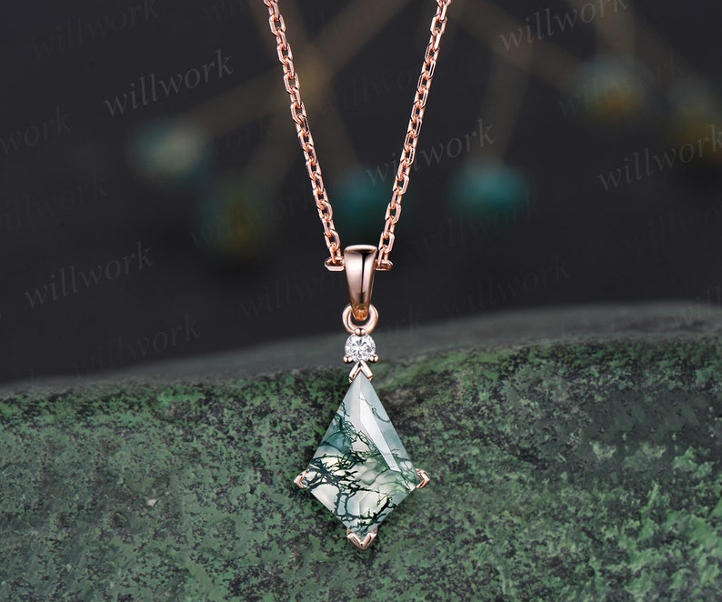 Kite natural moss agate necklace solid 14k 18k rose gold vintage unique Personalized pendant for women her anniversary bridal gift mother image 3