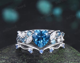 Heart shaped London blue topaz engagement ring set cluster Swiss blue topaz natural cornflower Sapphire ring white gold promise ring jewelry