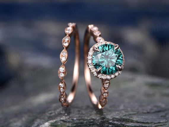 Art Deco Diamond Ring Unique Vintage Halo 1ct Engagement Ring 2pcs