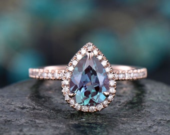 Unique pear shaped Alexandrite engagement ring 14k rose gold halo diamond ring vintage dainty wedding ring for women June birthstone ring