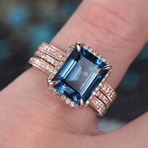3pcs Emerald cut London blue topaz engagement ring 14k rose gold Topaz wedding bridal set diamond halo engagement November birthstone ring image 3
