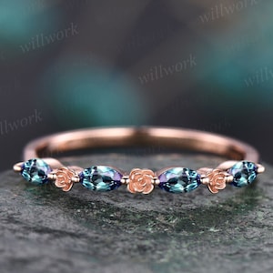 Flower marquise cut alexandrite wedding band solid 14k rose gold half eternity stacking wedding ring art deco bridal anniversary ring gift