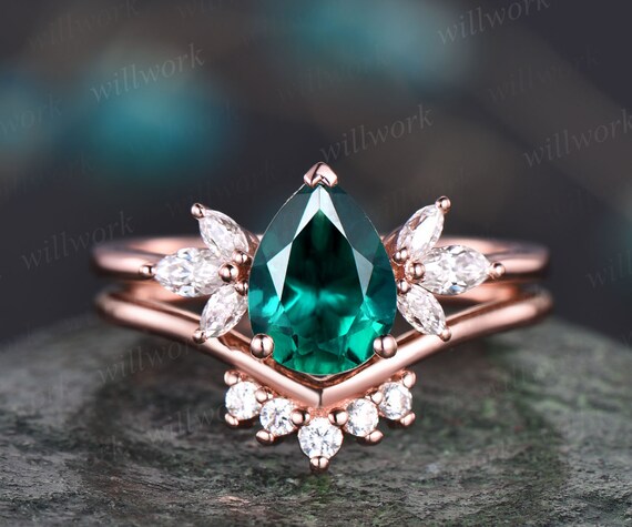 Pear emerald engagement ring set vintage art deco unique engagement ring  set rose gold ring women marquise flower bridal anniversary ring