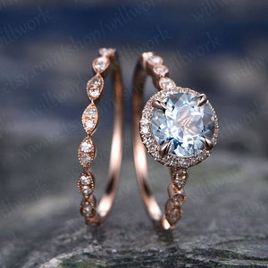 Blue aquamarine engagement ring set solid 14k rose gold handmade diamond halo wedding ring 2PC stacking ring round March birthstone ring set