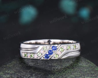 Unique mens sapphire wedding band 14k white gold opal peridot mens handsome man rings matching band gift