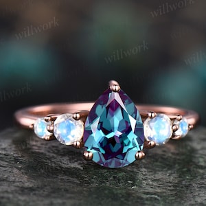 Alexandrite ring minimalist vintage unique pear shaped Alexandrite engagement ring five stone moonstone ring rose gold silver for women gift