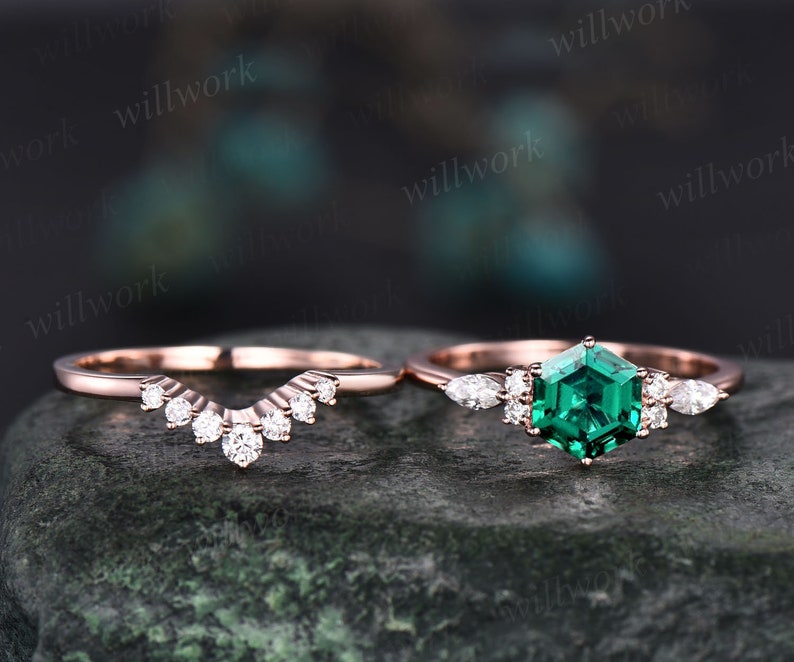 Hexagon Emerald Engagement Ring Set Art Deco Moissanite - Etsy