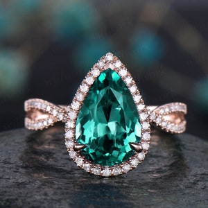 Emerald engagement ring 14k rose gold diamond halo ring split shank vintage May birthstone promise wedding bridal anniversary ring jewelry