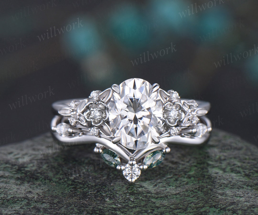 Vintage Oval Cut Moissanite Engagement Ring Leaf Floral White Gold ...