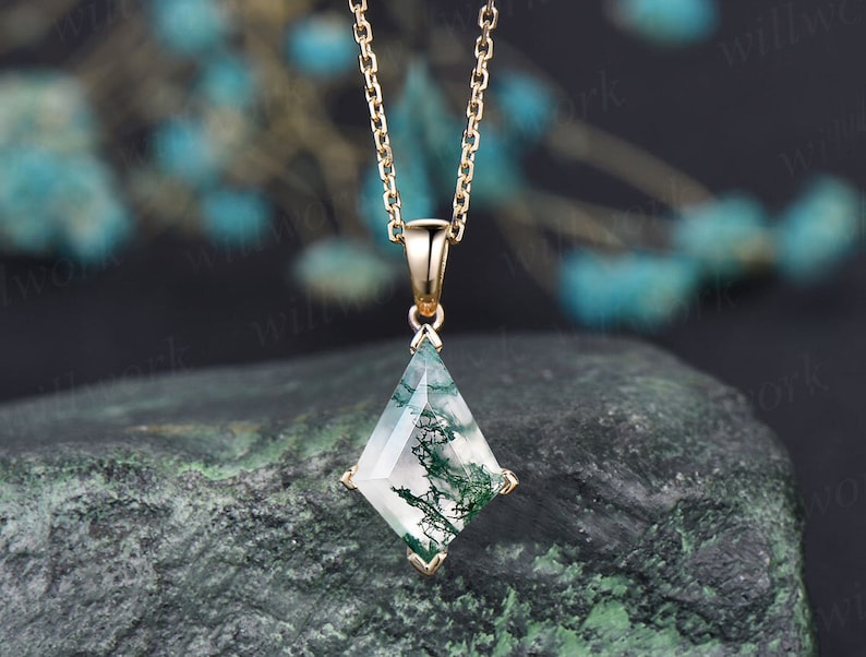 Kite natural moss agate necklace solid 14k 18k rose gold vintage unique Personalized pendant for women her anniversary bridal gift mother image 8