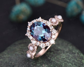 Vintage unique oval Alexandrite engagement ring 14k rose gold Akoya Pearl ring halo moissanite ring 8 prong bridal wedding ring for women
