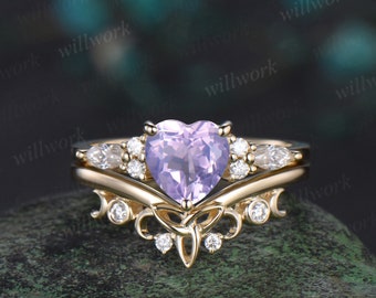 Heart shaped Lavender Amethyst engagement ring solid 14k yellow gold moon Celtic knot diamond Crystal wedding promise ring set women