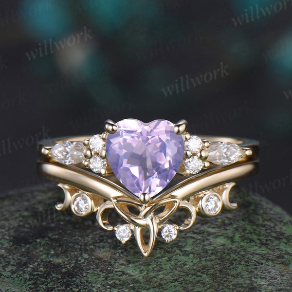 Heart shaped Lavender Amethyst engagement ring solid 14k yellow gold moon Celtic knot diamond Crystal wedding promise ring set women