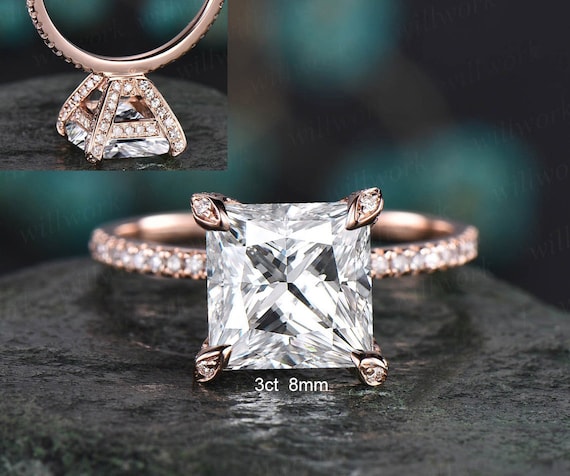 4ct moissanite ring vintage princess cut moissanite engagement ring 14k  rose gold unique pyramid under halo basket diamond ring women her