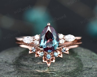 Alexandrite ring gold vintage Pear cut Alexandrite engagement ring set art deco rose gold ring women wedding promise stacking ring set gift