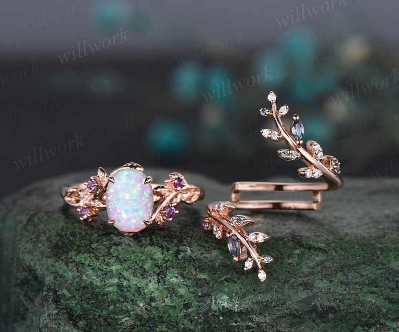 Vintage oval white opal engagement ring nature inspired leaf amethyst ring rose gold alexandrite wedding band enhancer bridal set women 1pc main ring