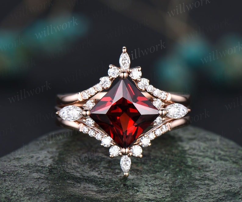 Princess cut garnet ring vintage red garnet engagement ring 3pc ring set