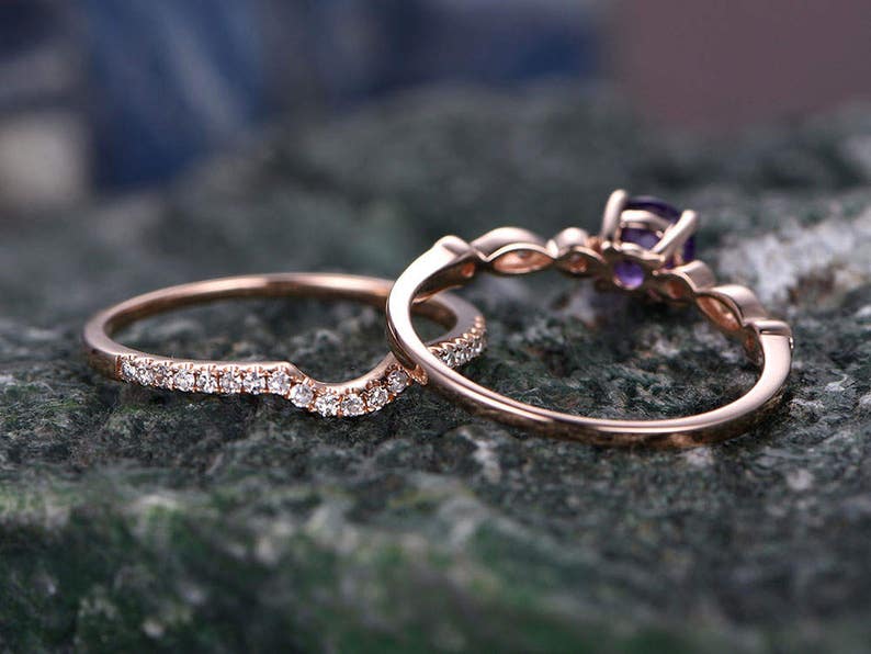 Amethyst Wedding Ring Setsolid 14k Rose Goldhandmade Diamond Etsy