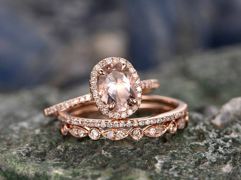 3pcs 6x8mm oval pink morganite engagement ring set solid 14k ros