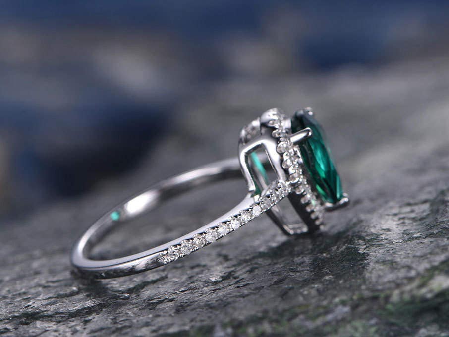 Green Emerald Engagement Ring White Gold Handmade Diamond Halo - Etsy