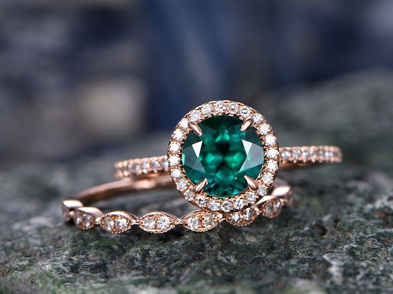 Emerald wedding Ring set-Green emerald engagement ring Set | Etsy