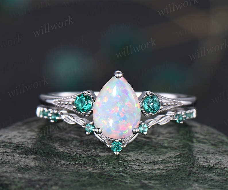 Vintage pear white opal engagement ring whtie gold Milgrain leaf three stone emerald wedding ring band women antique promise ring set 2pc ring set
