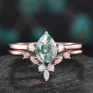 Pear shaped moss agate engagement ring set vintage art deco opal ring set marquise ring set moissanite ring set rose gold ring set jewelry