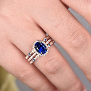 3pcs blue sapphire ring vintage sapphire engagement ring set rose gold for women diamond halo natural sapphire wedding band bridal ring set image 2