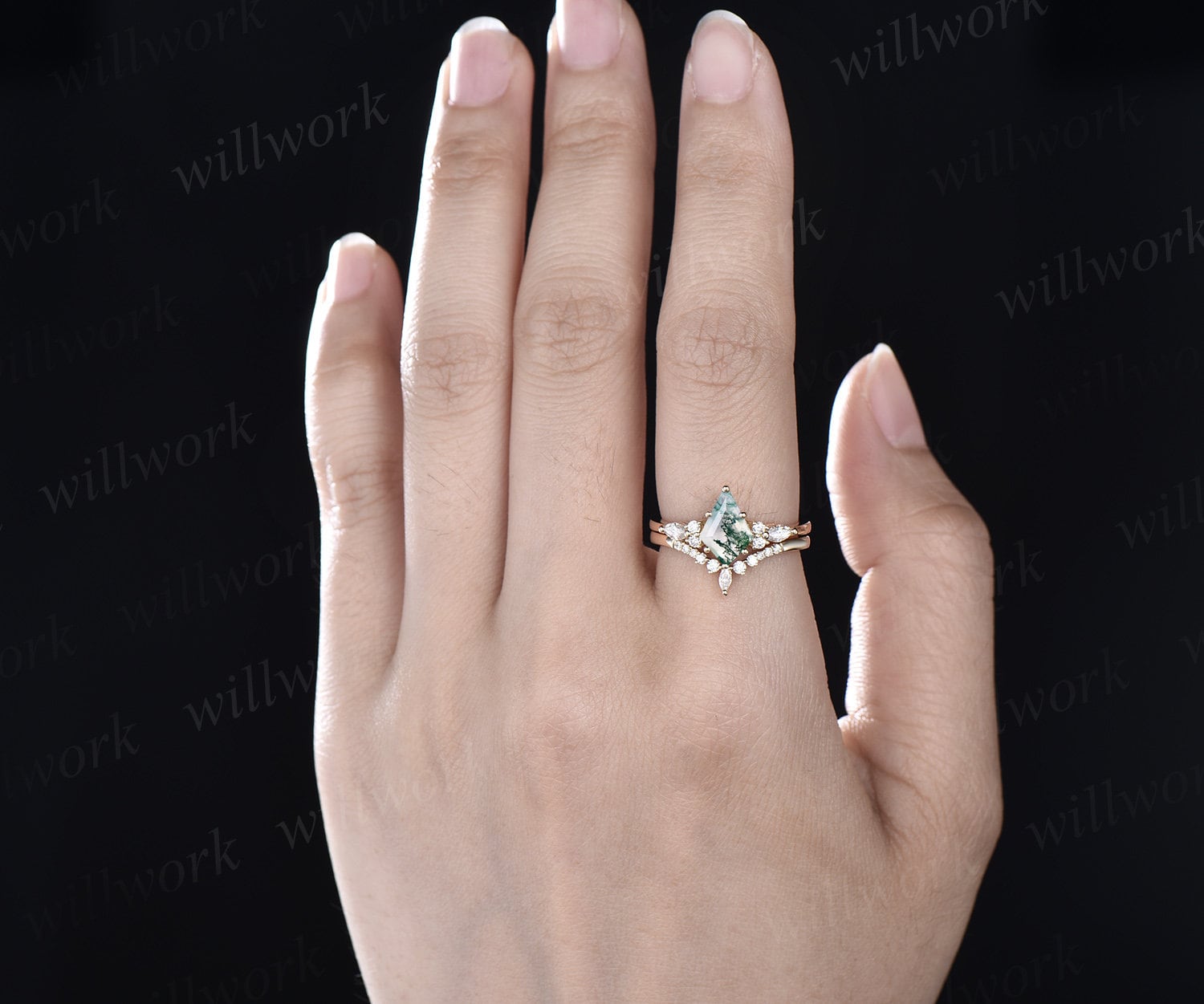 Vintage Kite Cut Green Moss Agate Engagement Ring Set 14k Vintage Kite Cut Green Moss Agate Engagement Ring Set 14k