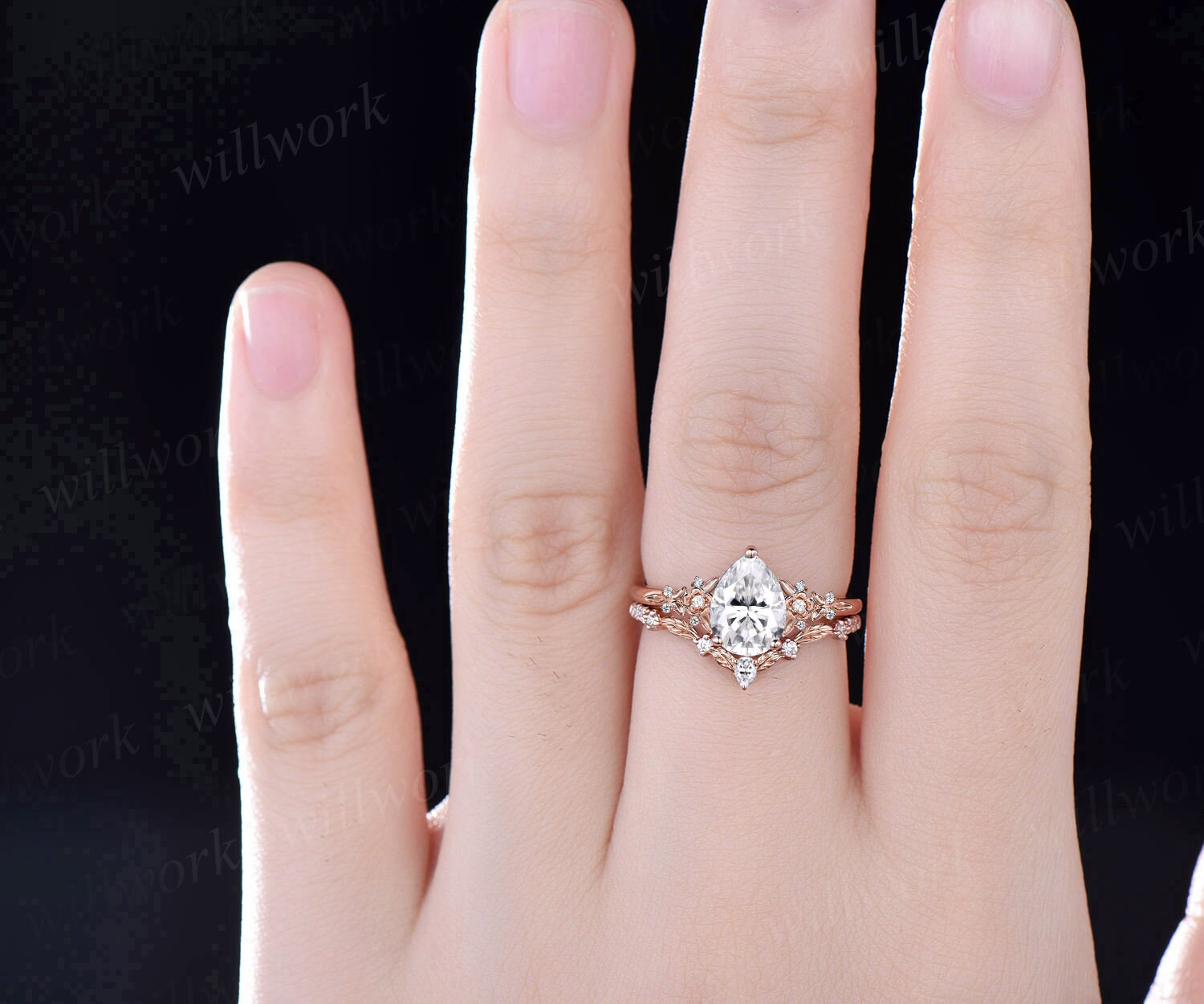 Vintage Pear Lab Grown Diamond Engagement Ring Set Solid 14k 18k White ...